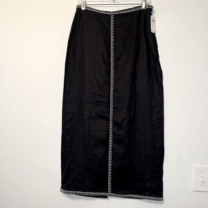 Magaschoni Black Linen Maxi Skirt with White Accent Stitching